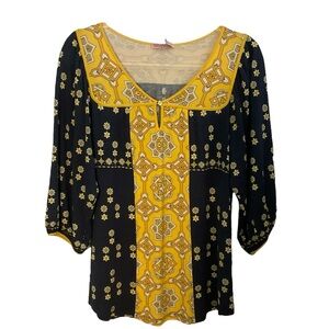 Juicy Couture Navy Blue Yellow Medallion Print Silk Blend Top Size M